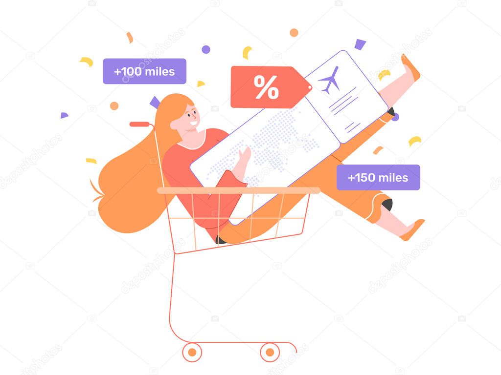 Cheerful cute girl in a shopping basket with a giant plane ticket. 