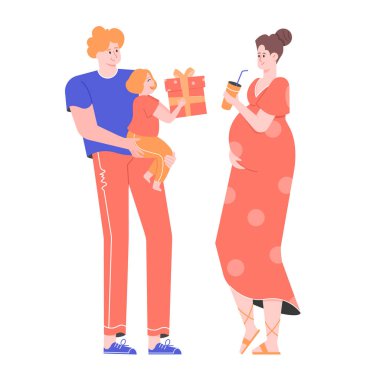 Mutlu bir aile. Babam küçük bir kızı kollarında tutuyor, sevgili annelerine bir hediye veriyor.. 