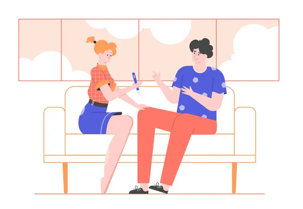Pár sedí na gauči a dívá se na pozitivní těhotenský test. — Stockový vektor