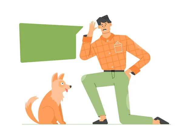 L'homme enseigne les commandes du chien. Entraînement des animaux. Correction du comportement animal. — Image vectorielle