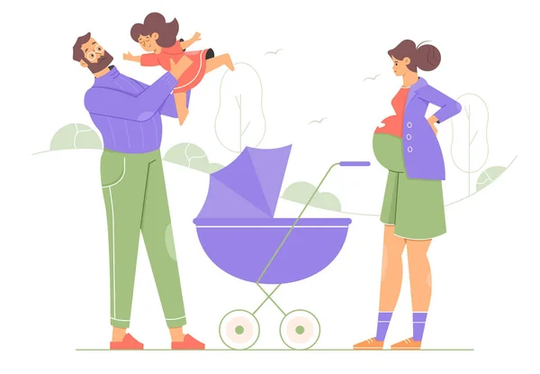 Una famiglia felice in passeggiata. Madre incinta con passeggino. — Vettoriale Stock