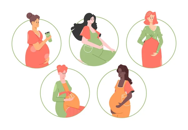 Набор беременных женщин разных национальностей. Будущие матери.. — стоковый вектор