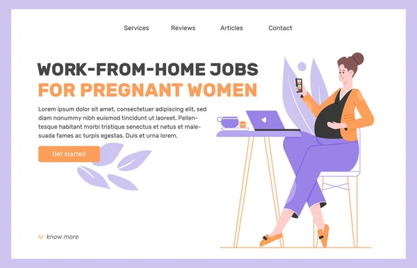 Travail à domicile pour les femmes enceintes. Indépendant future maman pigiste travaille avec ordinateur portable. — Image vectorielle