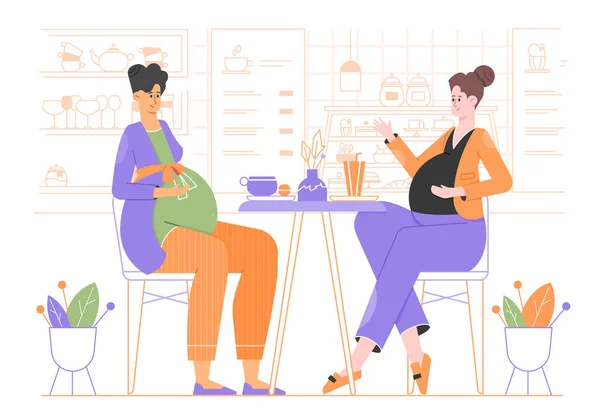 Δύο χαριτωμένες έγκυες γυναίκες κάθονται σε ένα καφέ. Συνάντηση δύο φίλων. — Διανυσματικό Αρχείο