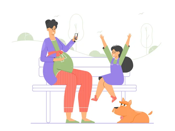 La mamma incinta e sua figlia sono sedute su una panchina nel parco. — Vettoriale Stock