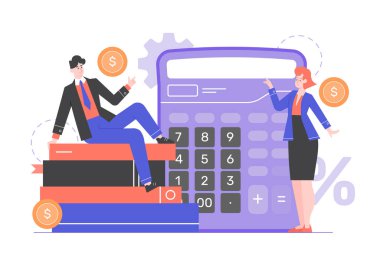 Takım elbiseli kadın ve erkek. İnsanlar kitapların ve dev bir hesap makinesinin yanında duruyorlar..