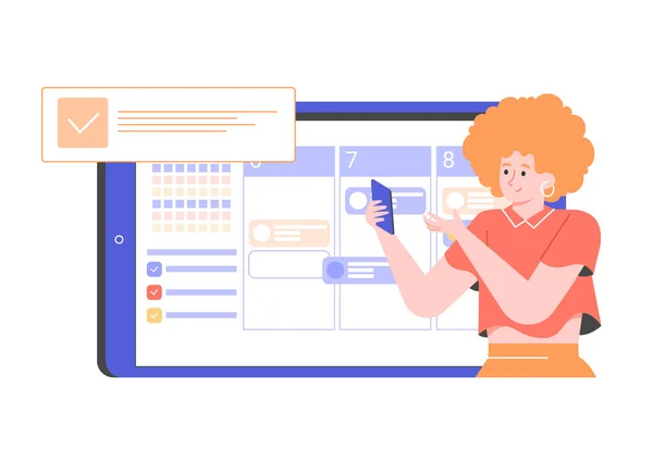 Девушка со смартфоном на фоне устройства с расписанием. — стоковый вектор