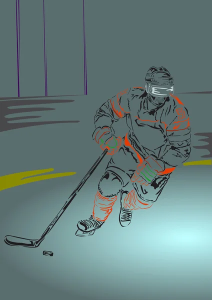 Jugador de hockey sobre hielo con palo de hockey y disco — Archivo Imágenes Vectoriales