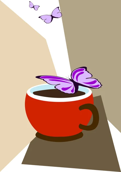 Taza de café y mariposas — Vector de stock