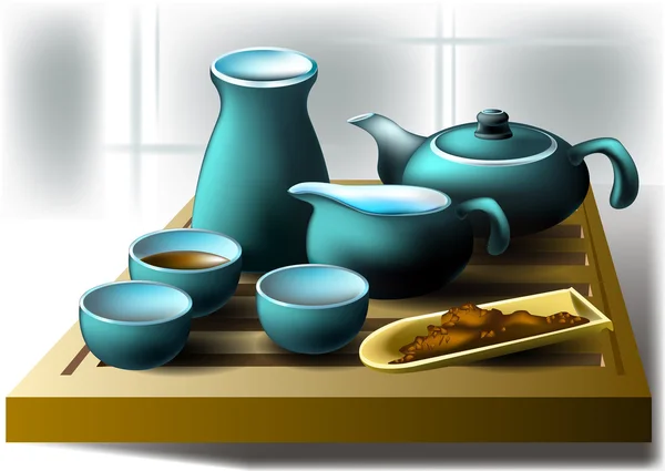 Зеленый чай и зеленый чайник — стоковый вектор