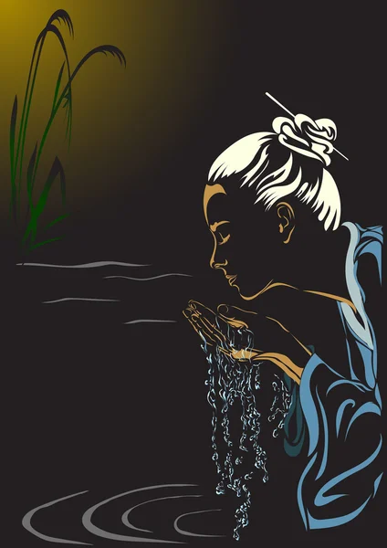 Японская женщина - купание в ручье — стоковый вектор