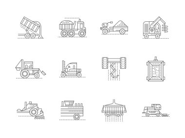 Agricultural machinery linear vector icons set