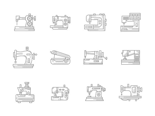 Máquinas de costura linha plana conjunto de ícones vetoriais — Vetor de Stock