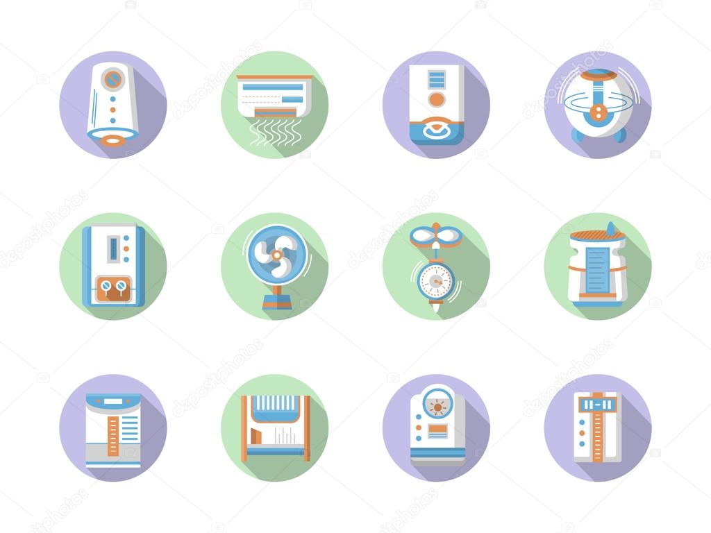 Round flat color home climate vector icons