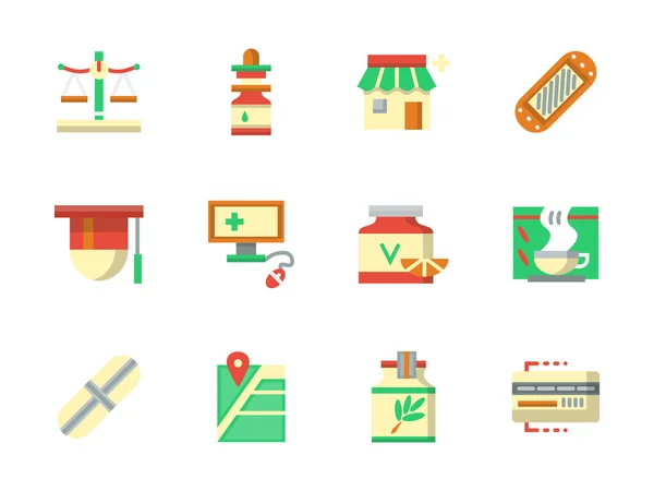 Egale kleur ontwerp chemici shop vector iconen — Stockvector