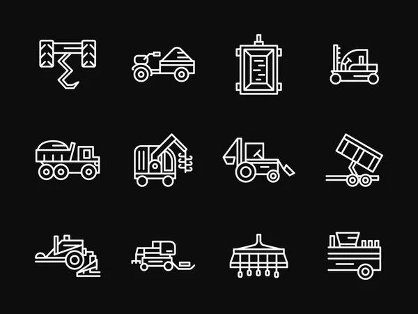 Landbouw machines witte lijn ontwerp vector iconen — Stockvector