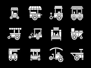White glyph style trade trolleys vector icons set