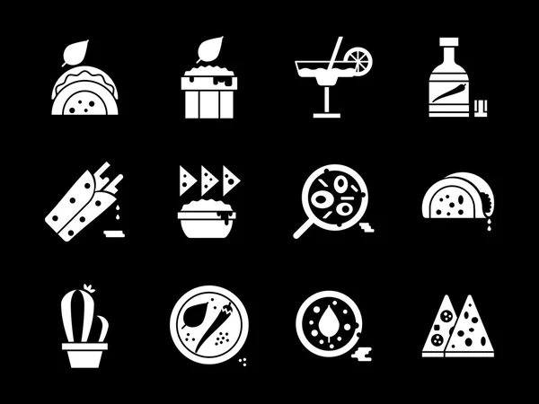 Estilo glifo blanco cocina mexicana vector iconos conjunto — Archivo Imágenes Vectoriales