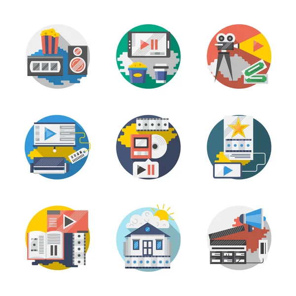 Conjunto de iconos de vectores planos detallados de la industria cinematográfica — Vector de stock