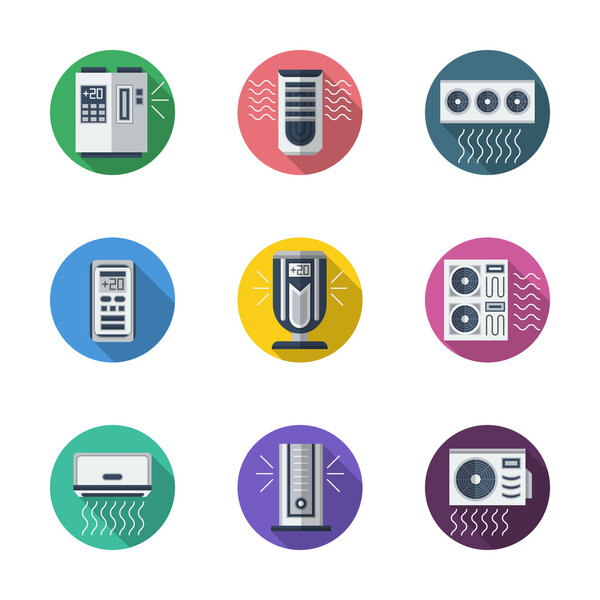 Air conditioning system round flat vector icons