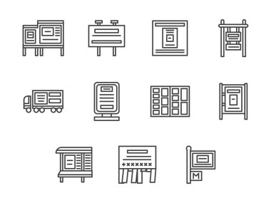 Şehir reklam siyah çizgi vektör simgeleri seti