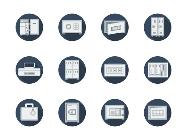 Taquillas de almacenamiento y cajas fuertes alrededor de iconos de vectores planos — Vector de stock