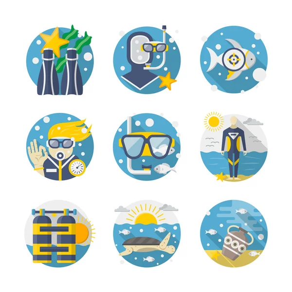 Sea leisure colored detailed flat vector icons set — Stock Vector