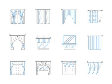 Window textile decor flat line vector icons set