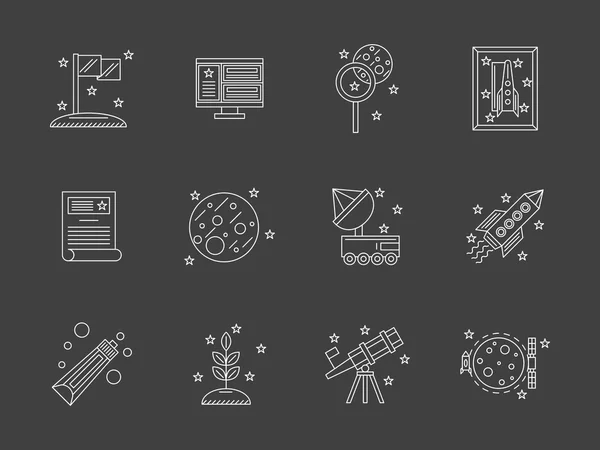 Conjunto de iconos de vector de investigación espacial de línea plana blanca — Archivo Imágenes Vectoriales