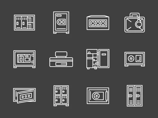 Taquillas de almacenamiento simples iconos de vectores de línea blanca — Vector de stock