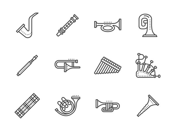 Wind musical instruments black line vector icons