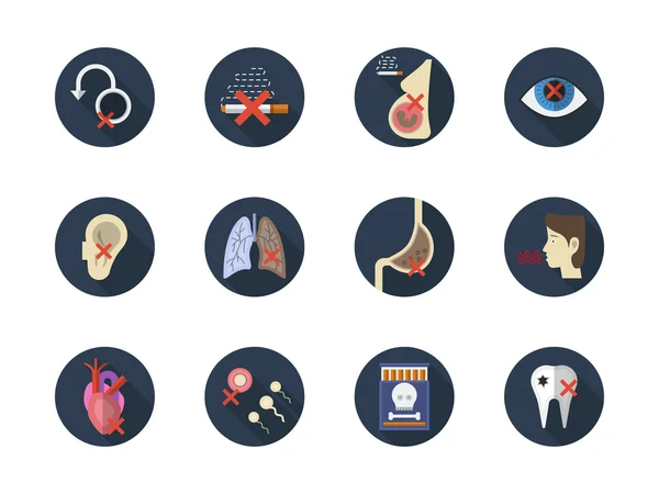 Consecuencias de fumar iconos de vectores planos redondos — Vector de stock