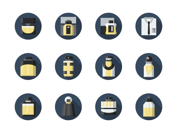 Perfume for men round flat vector icons set — Stock Vector