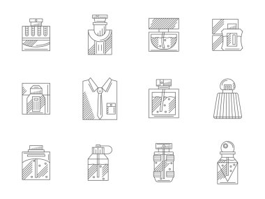 Şişe parfüm düz çizgi vektör simgeler kümesi