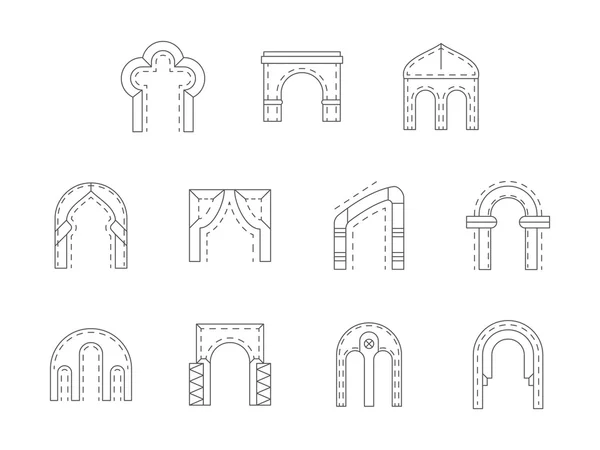 Conjunto de piedra arco línea plana vector iconos — Vector de stock