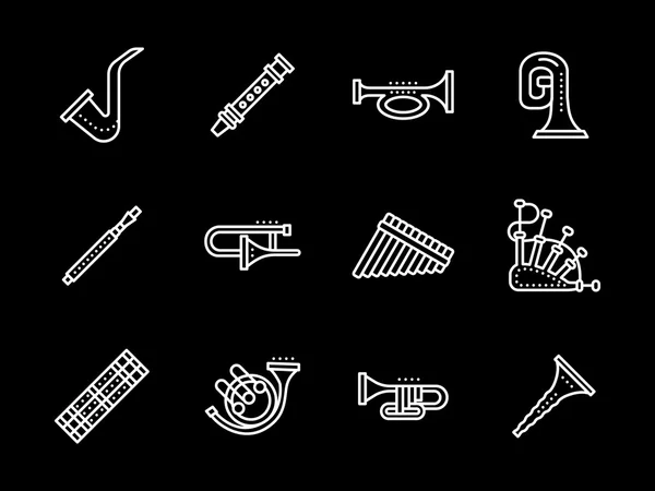 Music white line vector icons. Wind instruments — Stock Vector