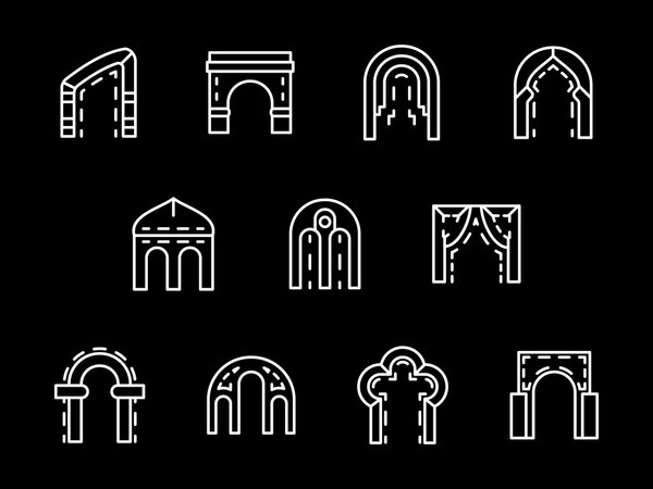 Set of archway styles white line vector icons