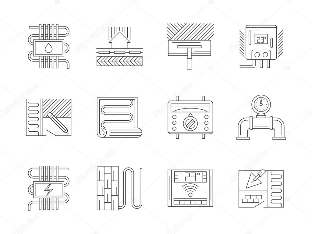 Set of underfloor heating flat line vector icons