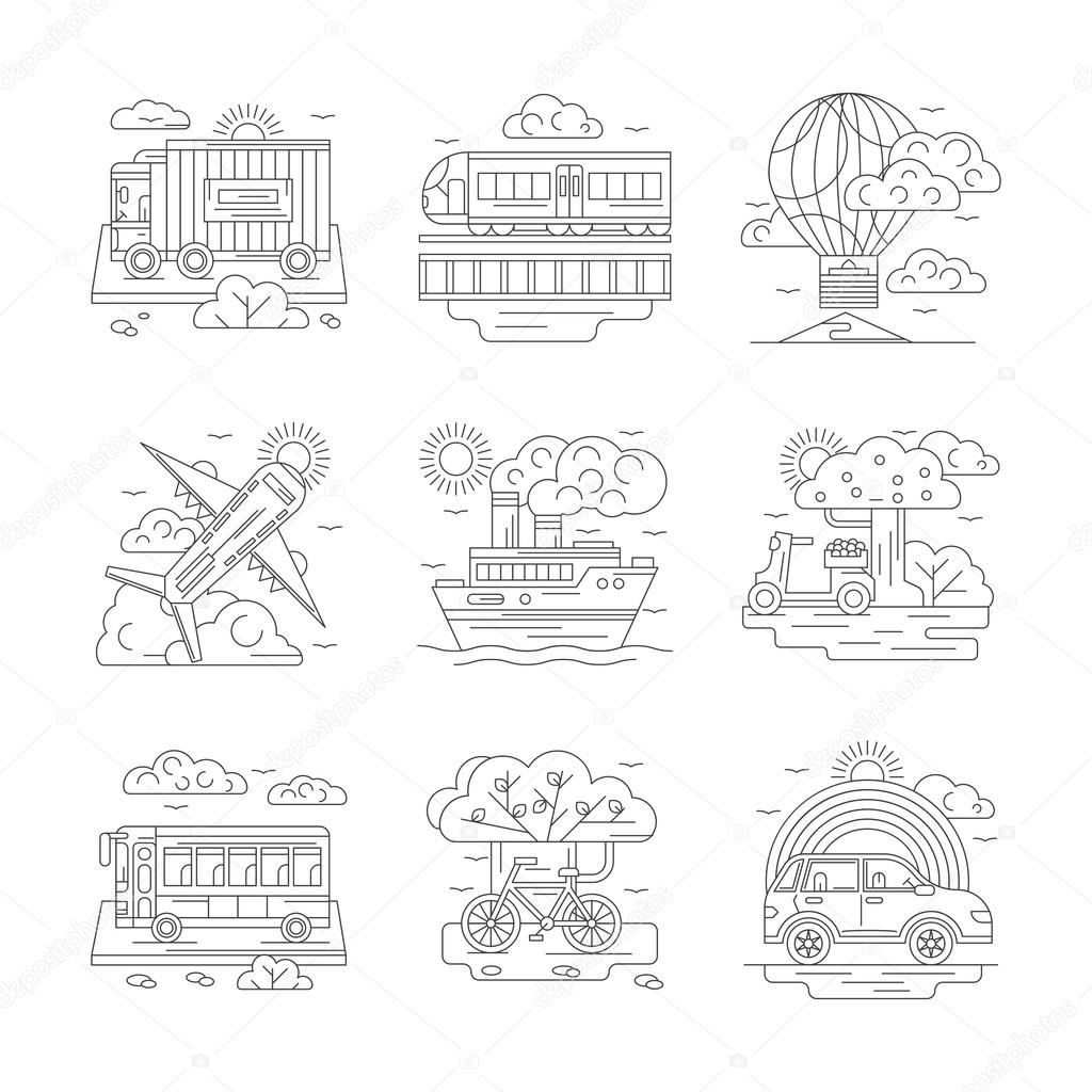 Set of transportation detailed line vector icons