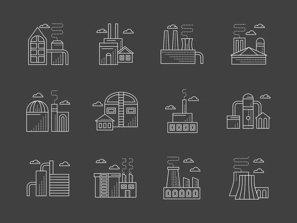 Plantas y fábricas conjunto de iconos de vectores de línea blanca — Vector de stock