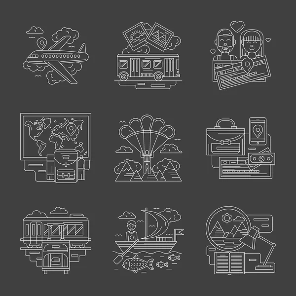 Turismo y viajes línea blanca detalle vector iconos — Archivo Imágenes Vectoriales