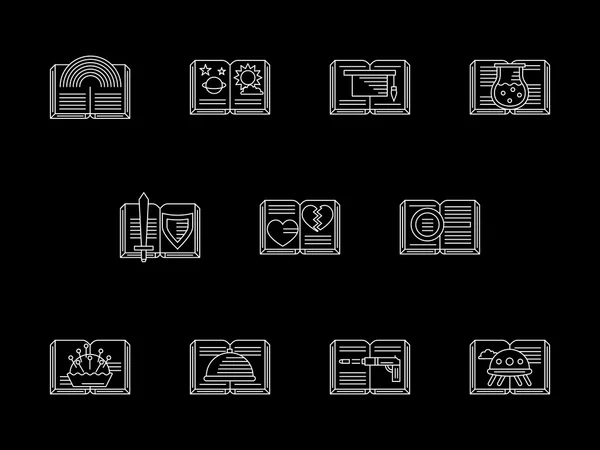 Libro géneros tienda línea blanca vector iconos conjunto — Archivo Imágenes Vectoriales