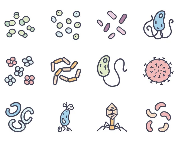 Bacteria and viruses color vector doodle simple icon set — Stock Vector