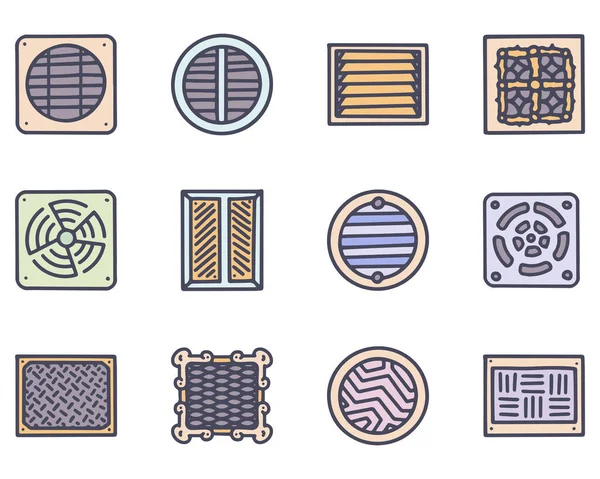 Ventilation grid color vector doodle simple icon set — 스톡 벡터