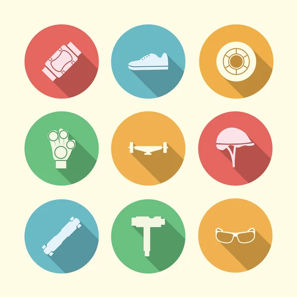 Vector flat colored icons for accessories for longboarders — Stock Vector