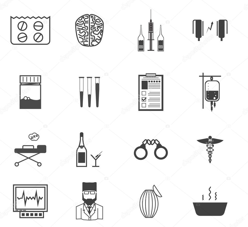 Black vector icons for the psychiatrist expert in narcology