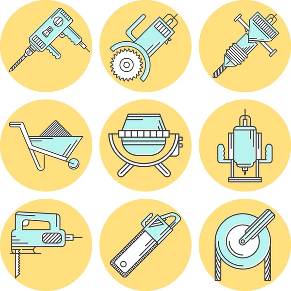 Flat line colored vector icons for construction equipment — Stock Vector