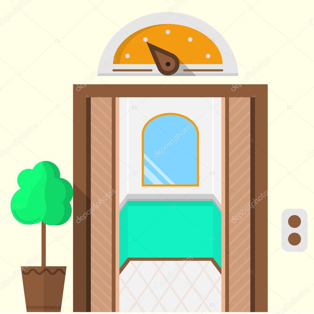 Flat vector icon for hotel. Opened elevator
