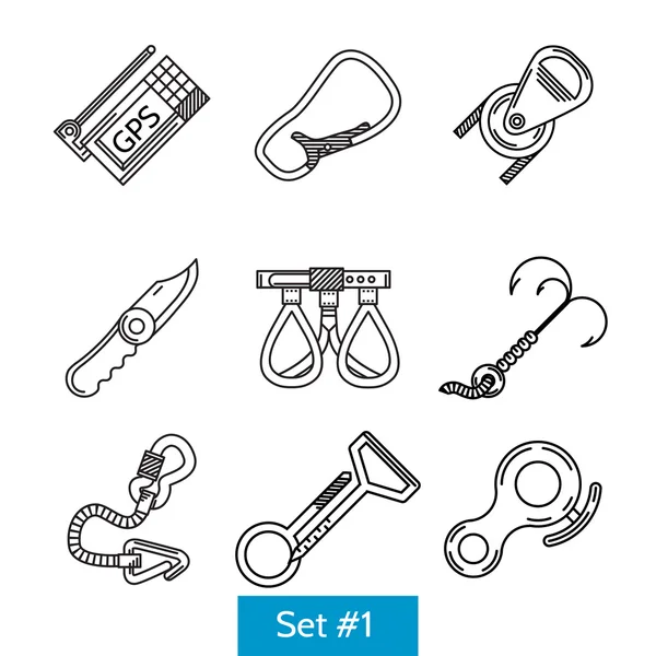 Black vector icons for mountaineering accessories — Stock Vector