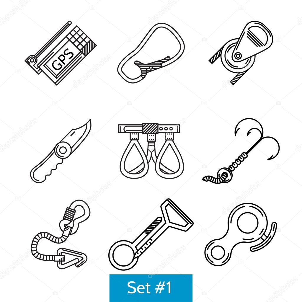 Black vector icons for mountaineering accessories